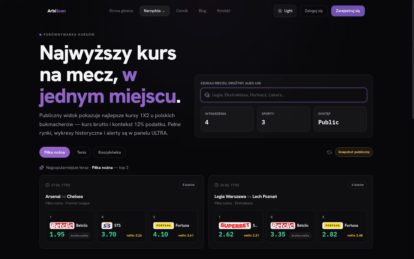 Skaner arbitraży live